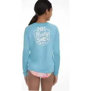 Hurley Girls Long Sleeve UPF 50+ Rash Guard Swim Shirt, Aqua‎ Blue, Size 5/6